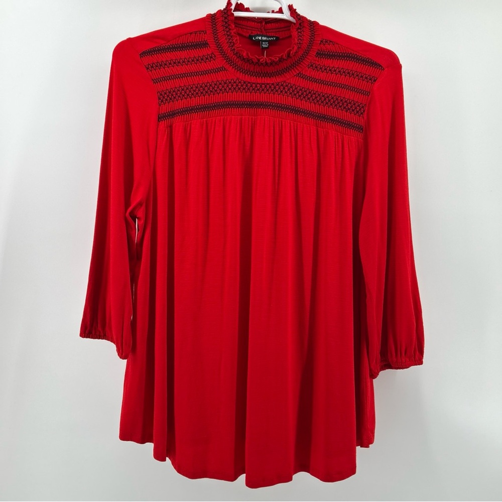 NWT Lane Bryant Blouse Shirt Top Tunic Women’s 18/20 Red Smocked Holiday Fairy